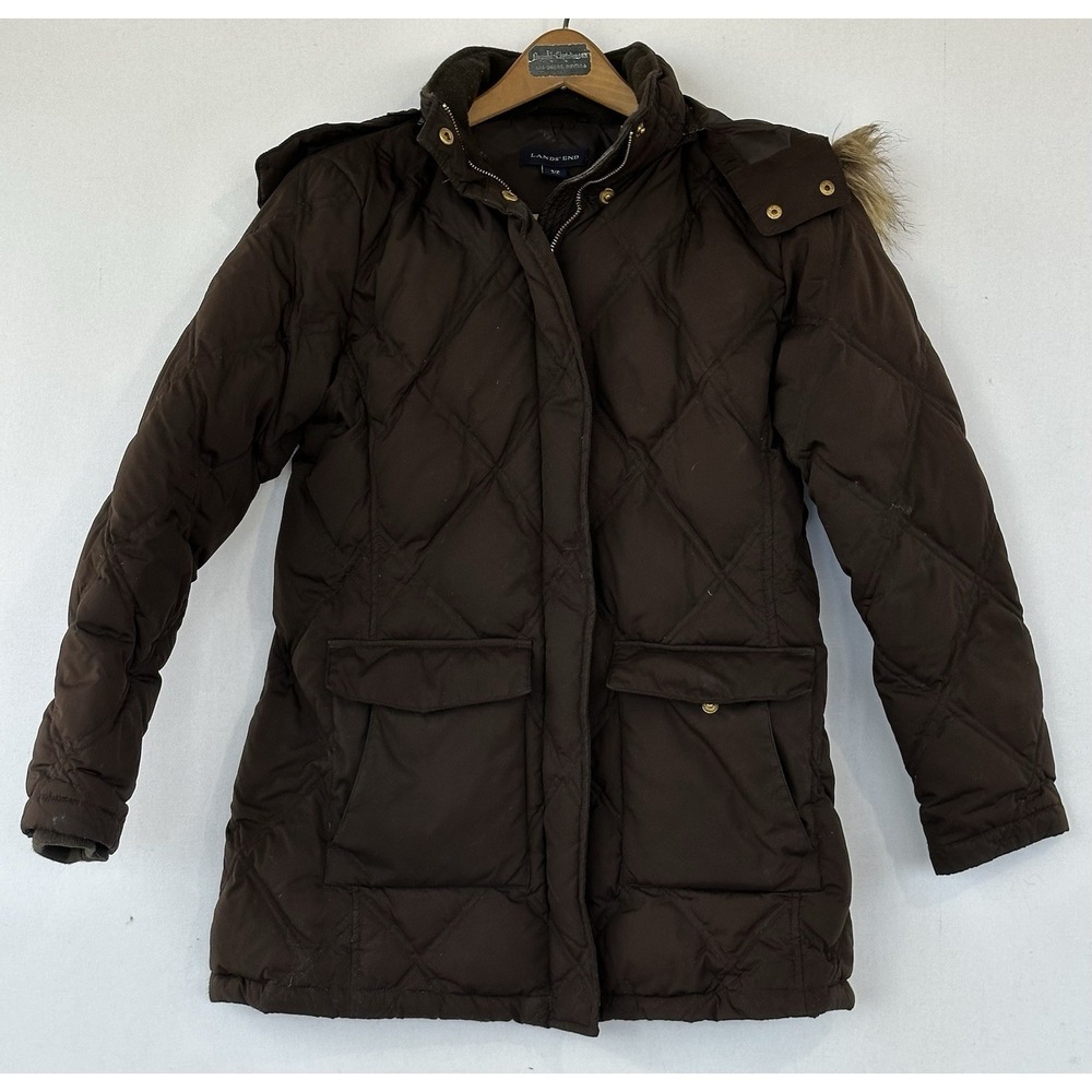 Lands' End Puffer Down Jacket Removable Hood Women's Small 6/8 Brown Fur Trim